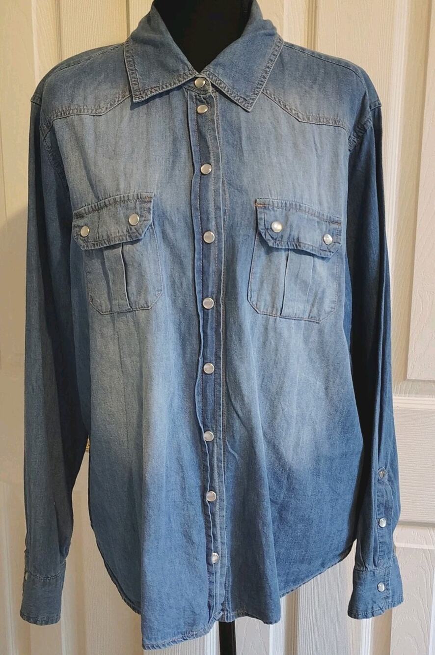 Baccini Denim Western Button Down Shirt Pearl Snap Style Blue Plus Size 18/20